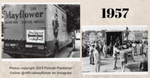 Photos of a Mayflower truck and people offloading from the Mayflower truck in 1957