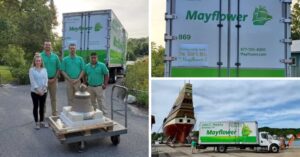 Collage of pictures with employees posing with the bell, the back of a Mayflower truck and the Mayflower truck parked in front of the ship.