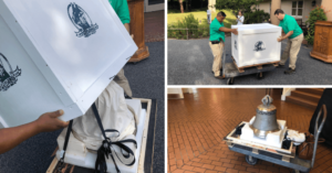 Collage of image of bell getting put into a box and dollied