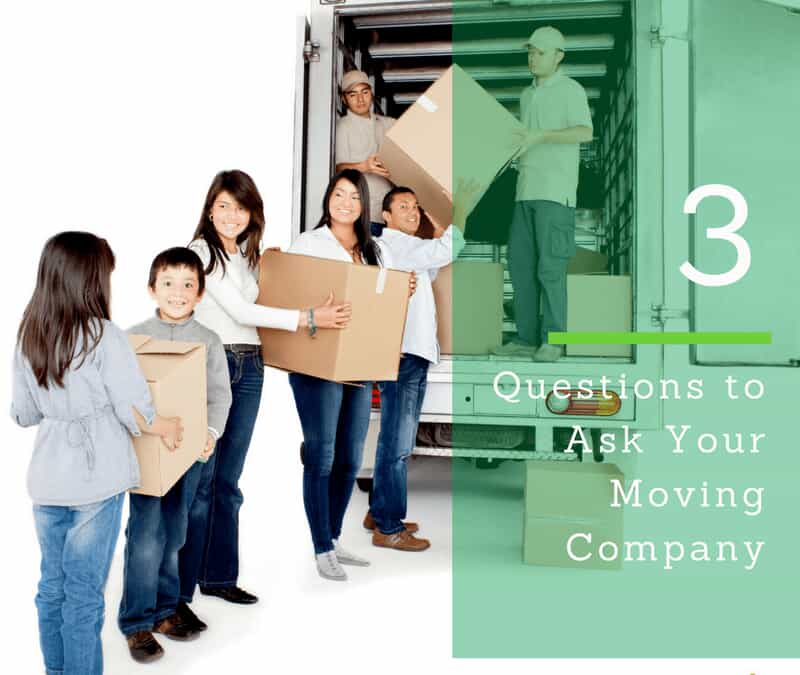 Family holding boxes outside of a moving truck with text that says "3 Questions to Ask Your Moving Company&quot