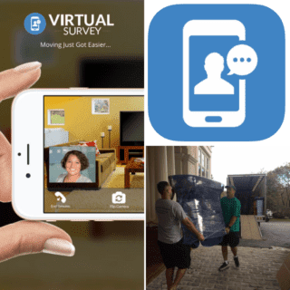 Collage of images showing the app on a phone, an icon for a phone and movers working