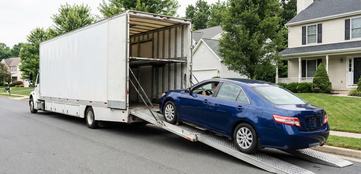 Car loading on auto transport truck