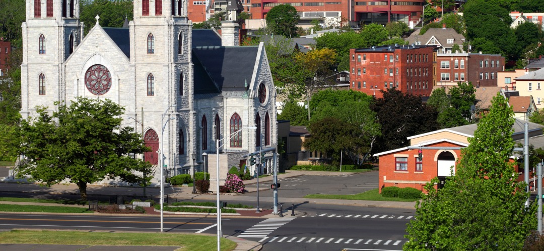 First Lutheran Church at Franklin Square in downtown New Britain, Connecticut