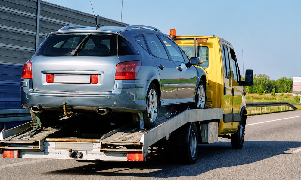 A car carrier trailer loaded with several SUVs
